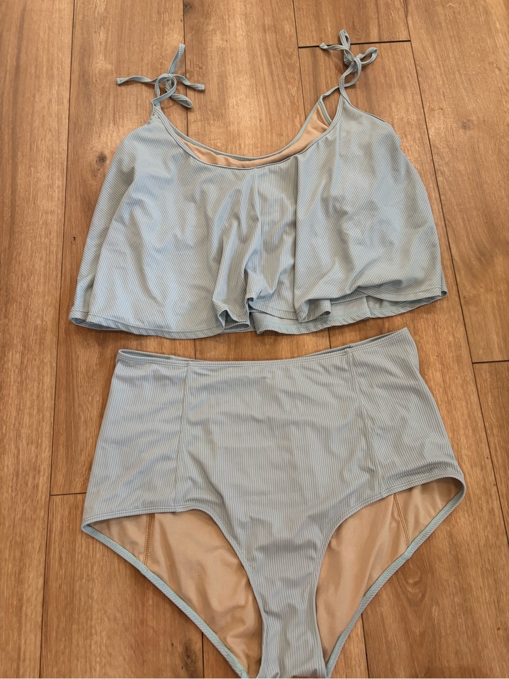 Light Blue Ribbed High-Waist Bikini Set with Tie-Strap Top